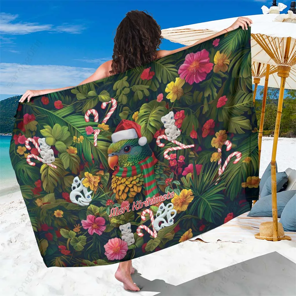 Green Tropical Christmas Kakapo Santa Sarong with Tropical Vibe Beach Wrap Pareo Wholesale - main view