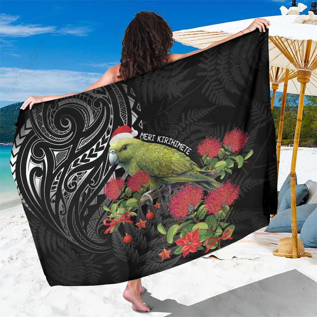 Black Silver Fern Christmas Print Sarong Tropical South Pacific Beach Wrap Holiday Pareo Wholesale - related