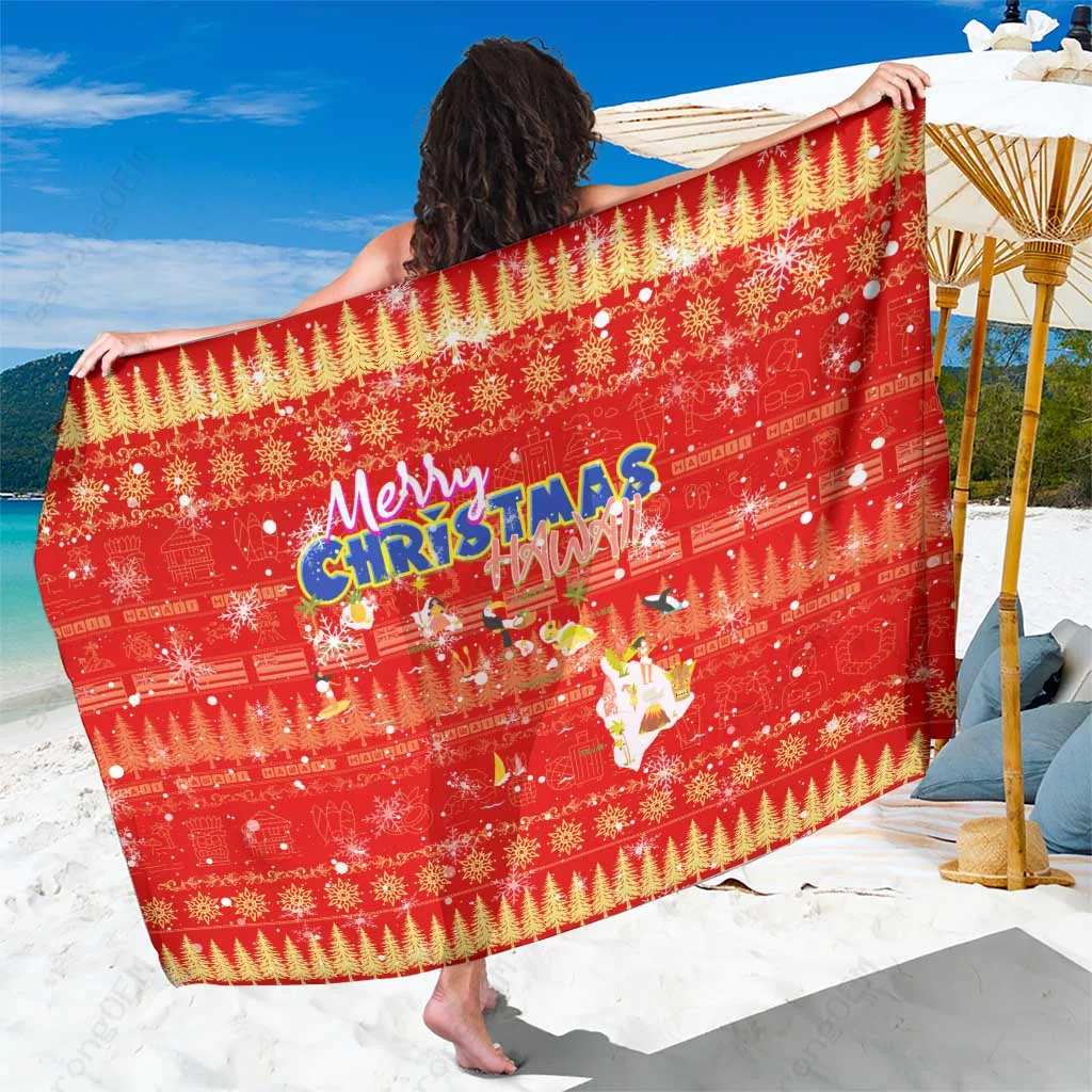 Red Green Merry Christmas Hawaii Map Xmas Tree Print Sarong Tropical Island Beach Wrap Pareo Wholesale - main view