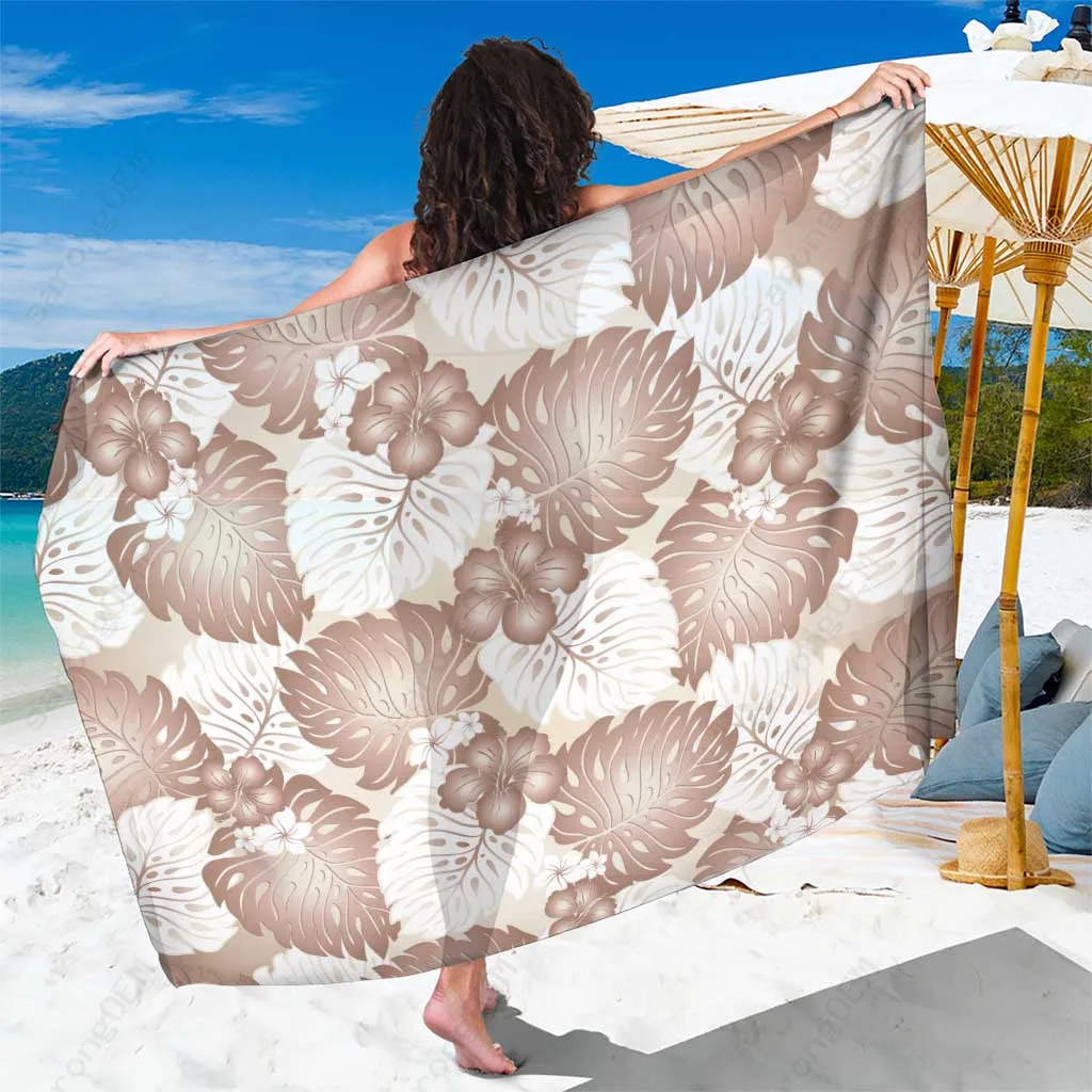 Mocha Brown Hawaii Hibiscus Plumeria Monstera Print Sarong Beach Wrap Tropical Island Pareo Cover Up Wholesale - related