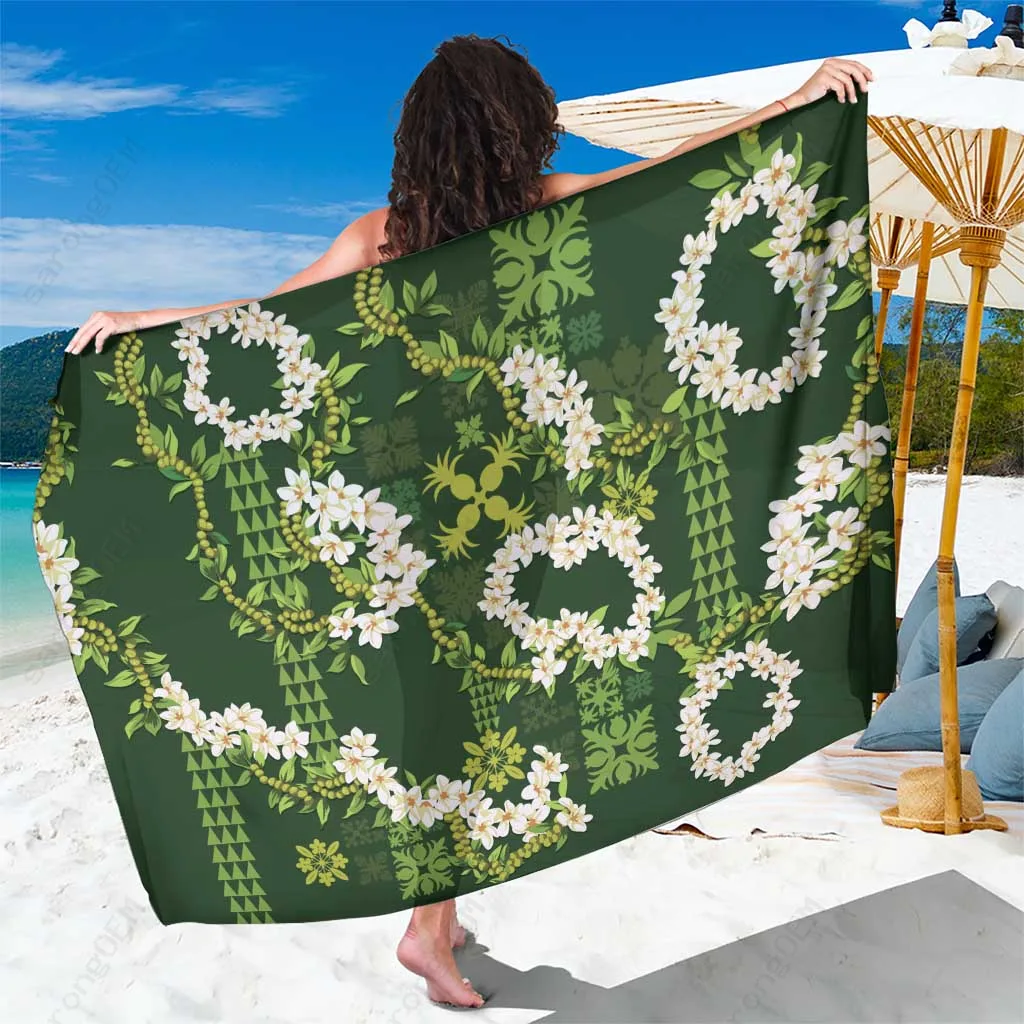 Green Mokihana Maile & Ilima Leis Tapa Quilt Print Sarong Polynesian Beach Wrap Wholesale Pareo - main view
