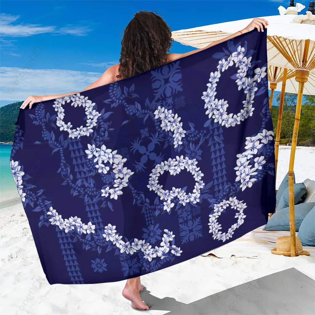 Cream White Hibiscus Tapa Quilt Pattern Sarong Hawaiian Tropical Beach Wrap Pareo for Resort Wholesale - main view