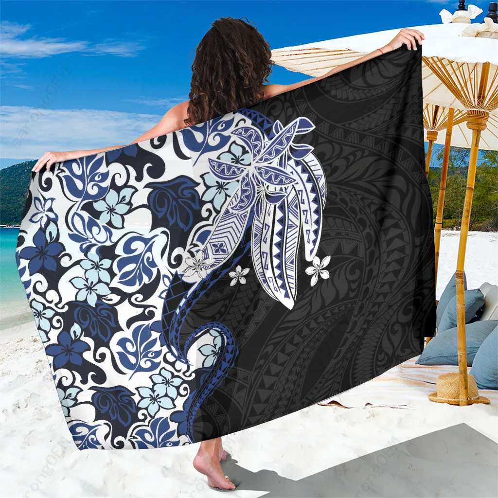 Blue Monstera Plumeria Flowers Polynesian Print Sarong Tropical Beach Wrap Wholesale Pareo - main view