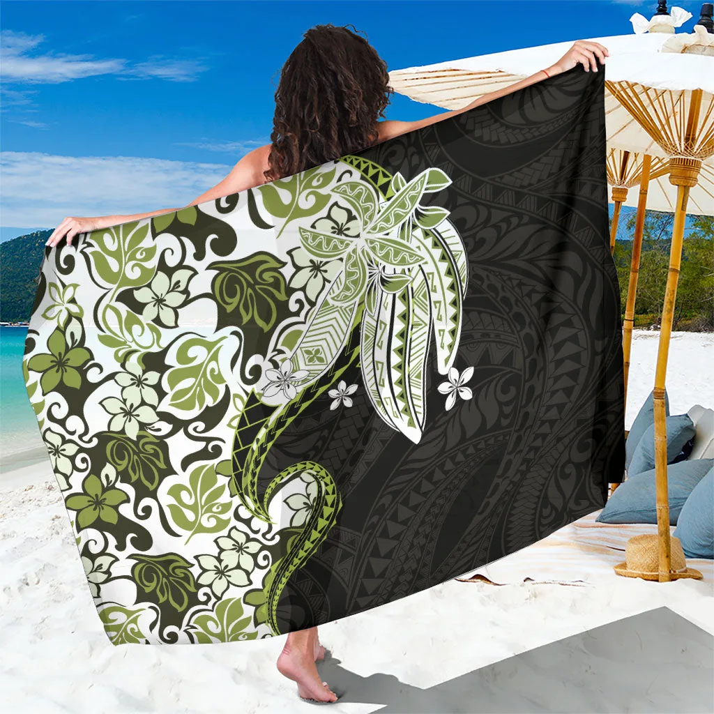 Monstera Plumeria Flowers Olive Green Sarong Polynesian Pattern - main view