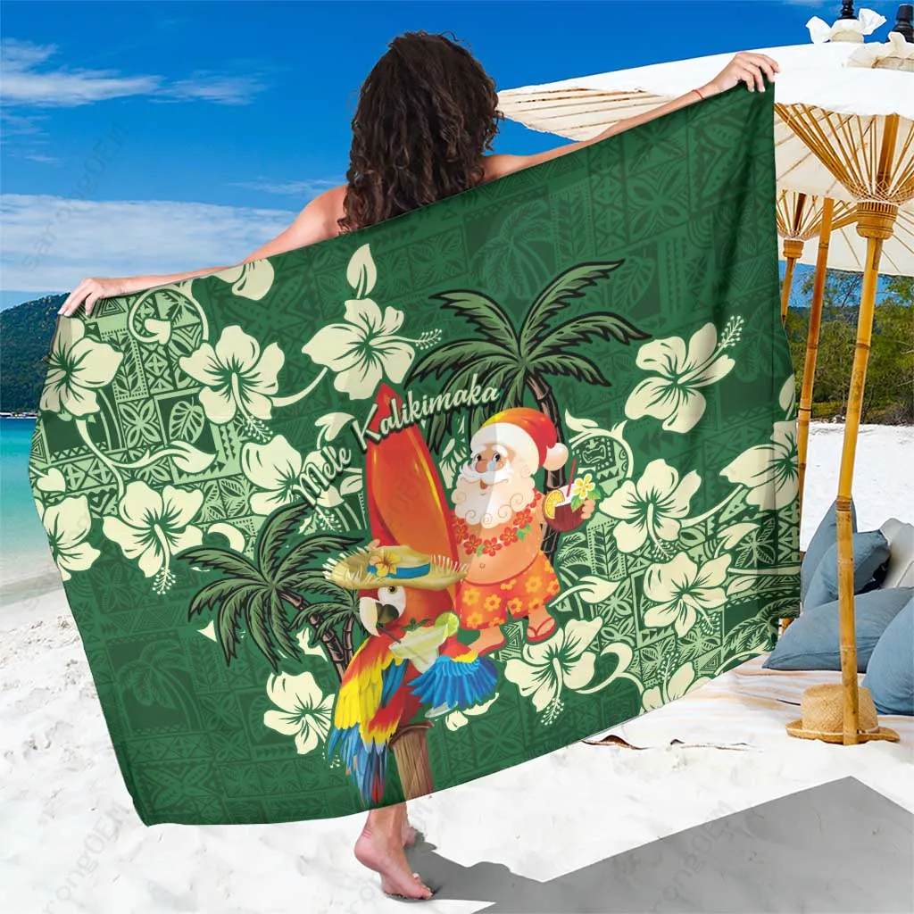 Moss Green Tropical Christmas Hawaii Tapa Sarong Aloha Santa Drink Party Beach Wrap Pareo Wholesale - main view