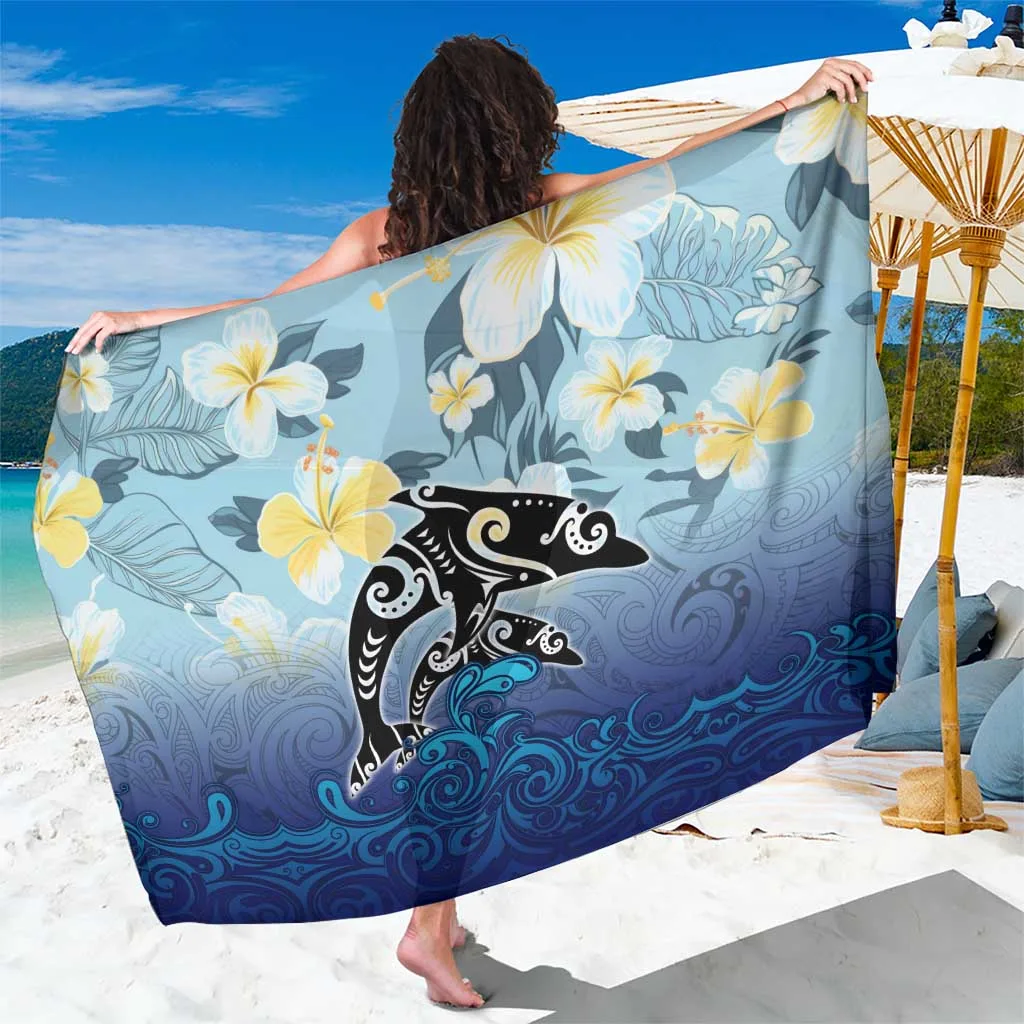 Blue Hawaii Hibiscus Mother & Baby Dolphins Print Sarong Tropical Beach Wrap Pareo Wholesale - main view