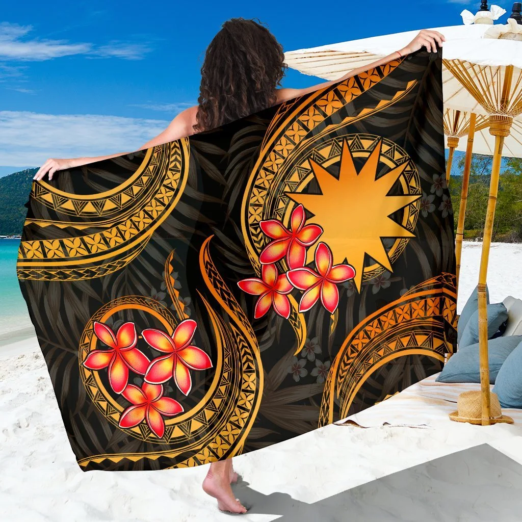 Gold Plumeria Hibiscus Print Sarong Polynesian Tropical Beach Wrap Pareo for Resort Wholesale - main view