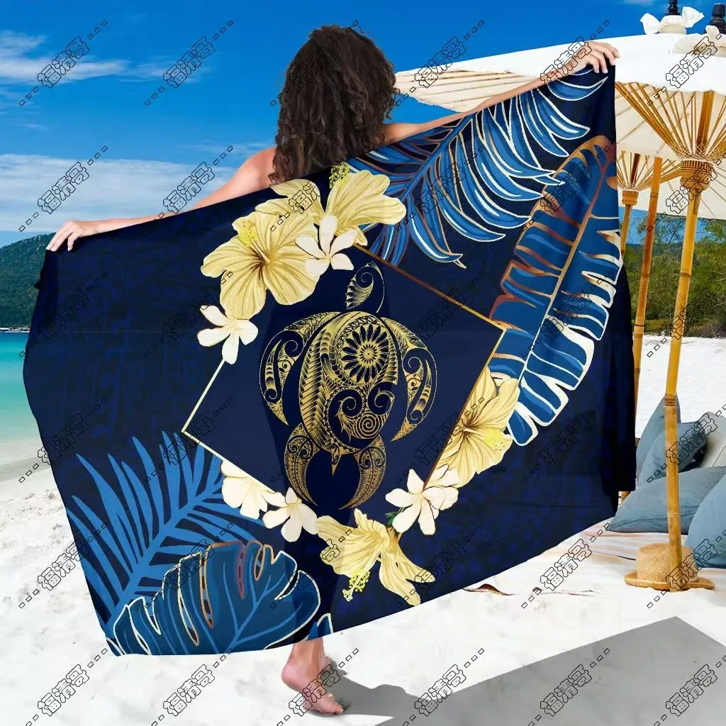 Navy Blue Gold Turtle Tropical Flower Sarong Custom Printed Rayon Sarong - Custom Sarong