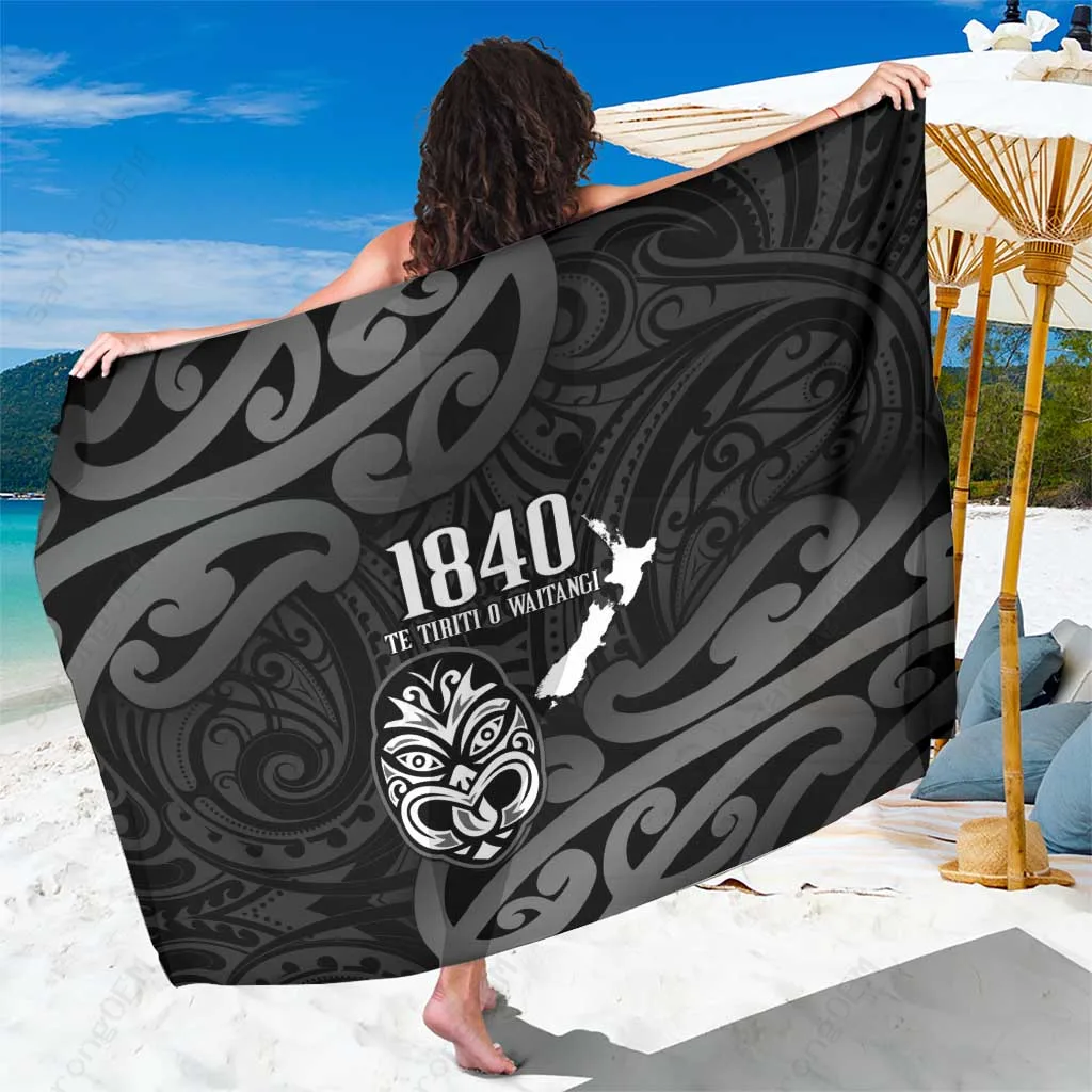 Black Haka Maori Tattoo Print Sarong New Zealand Waitangi Day Aotearoa Beach Wrap Polynesian Tribal Cover Up Wholesale Pareo - main view