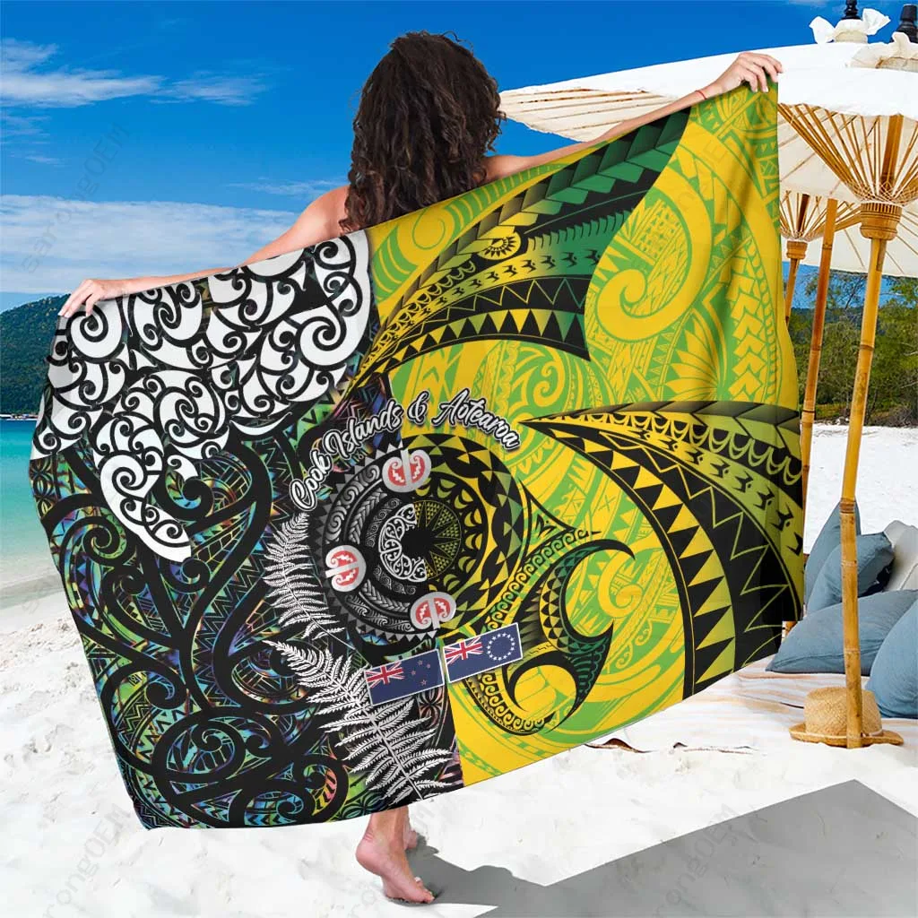 Black Tribal Maori Fern & Paua Shell Print Sarong Polynesian Beach Wrap Pareo Cover Up Wholesale - related
