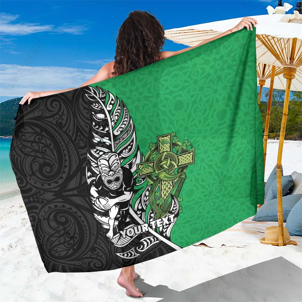 Black Custom Maori Tiki Fern Irish Celtic Cross Print Sarong Beach Wrap Polynesian Tribal Island Cover Up OEM Pareo - related