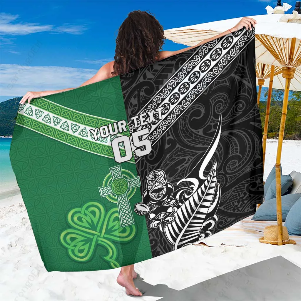 Black Tiki Maori Shamrock Custom Print Sarong New Zealand Ireland Rugby Beach Wrap Wholesale Pareo - main view