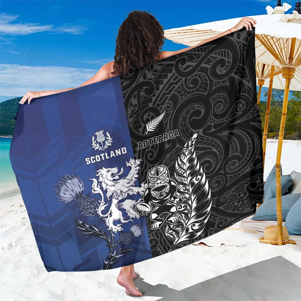 Black Maori Tiki Thistle Rugby Print Sarong Polynesian Tribal Beach Wrap Wholesale Pareo - main view