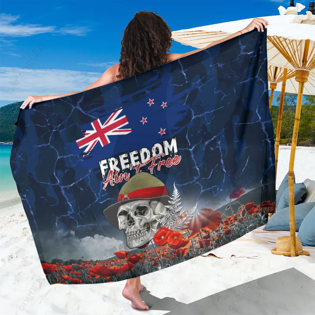 Black ANZAC Day Poppy Freedom Aint Free Print Sarong South Pacific Commemorative Beach Wrap Wholesale Pareo - main view