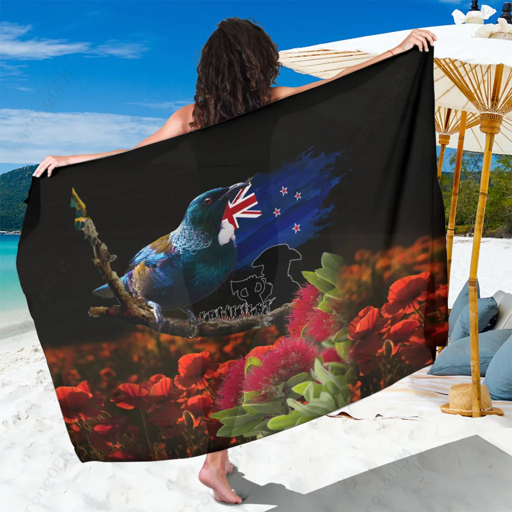 Red Pohutukawa Flower & Tui Bird Sarong Polynesian Beach Wrap Cover Up Wholesale Pareo