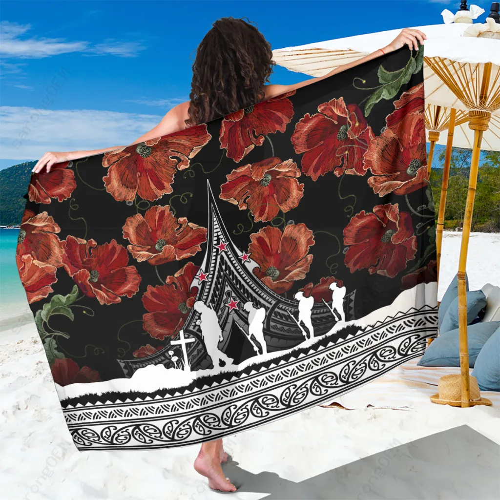 Red Gold Poppy Polynesian Pattern Sarong Anzac Day Beach Wrap Wholesale Pareo - main view