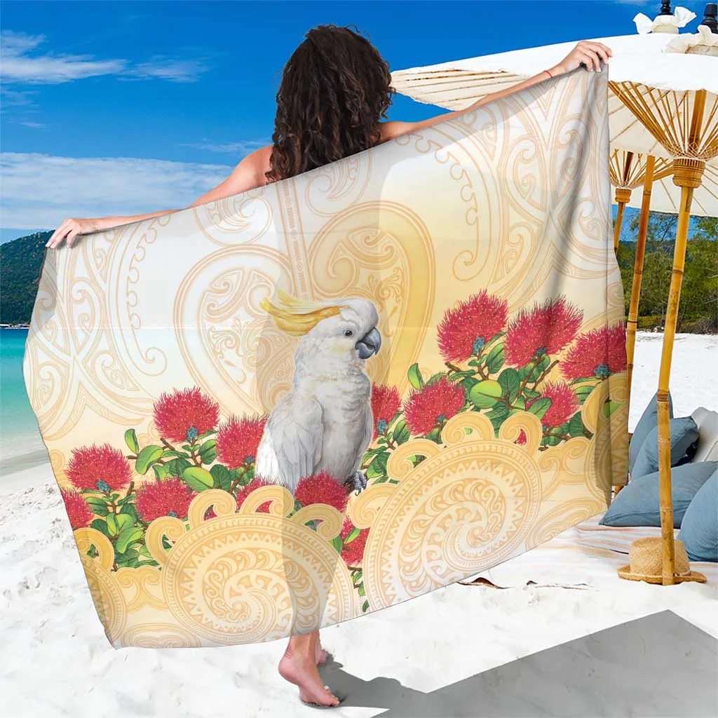 White Cockatoo Pohutukawa Flowers Maori Pattern Sarong Beach Wrap Polynesian Style Resort Cover Up Wholesale Pareo - main view