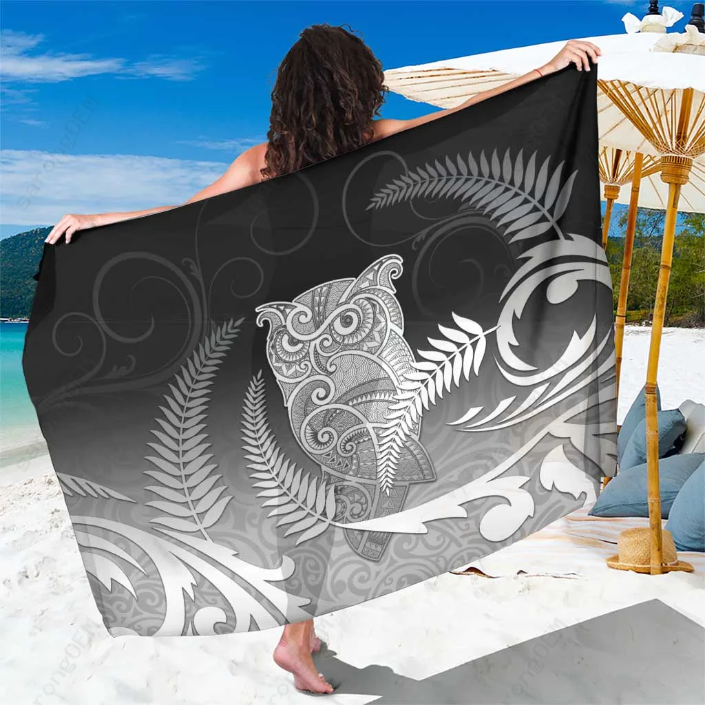 Black New Zealand Maori Fern Ruru Owl Print Sarong Beach Wrap Polynesian Island Pareo Wholesale - main view