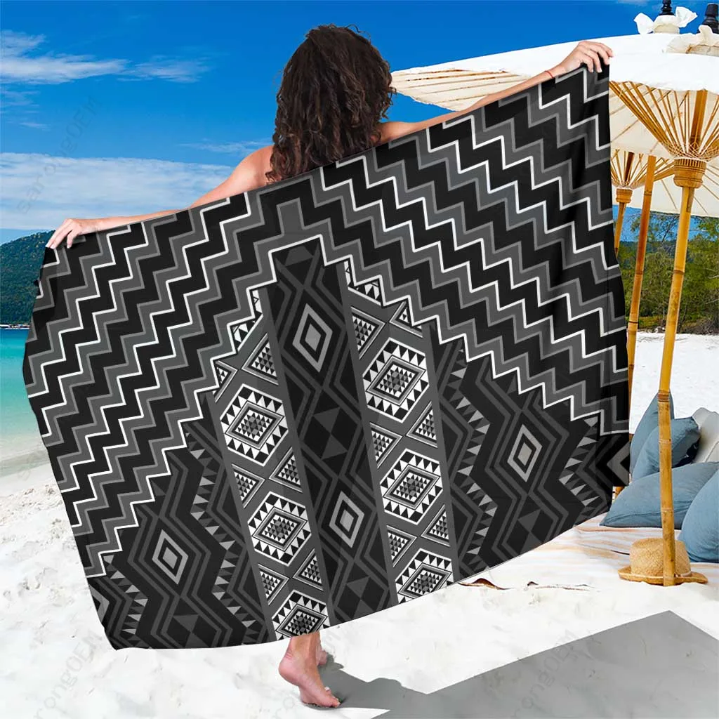 Black Poutama Taniko Pattern Print Sarong Maori Culture South Pacific Beach Wrap Wholesale Pareo - related