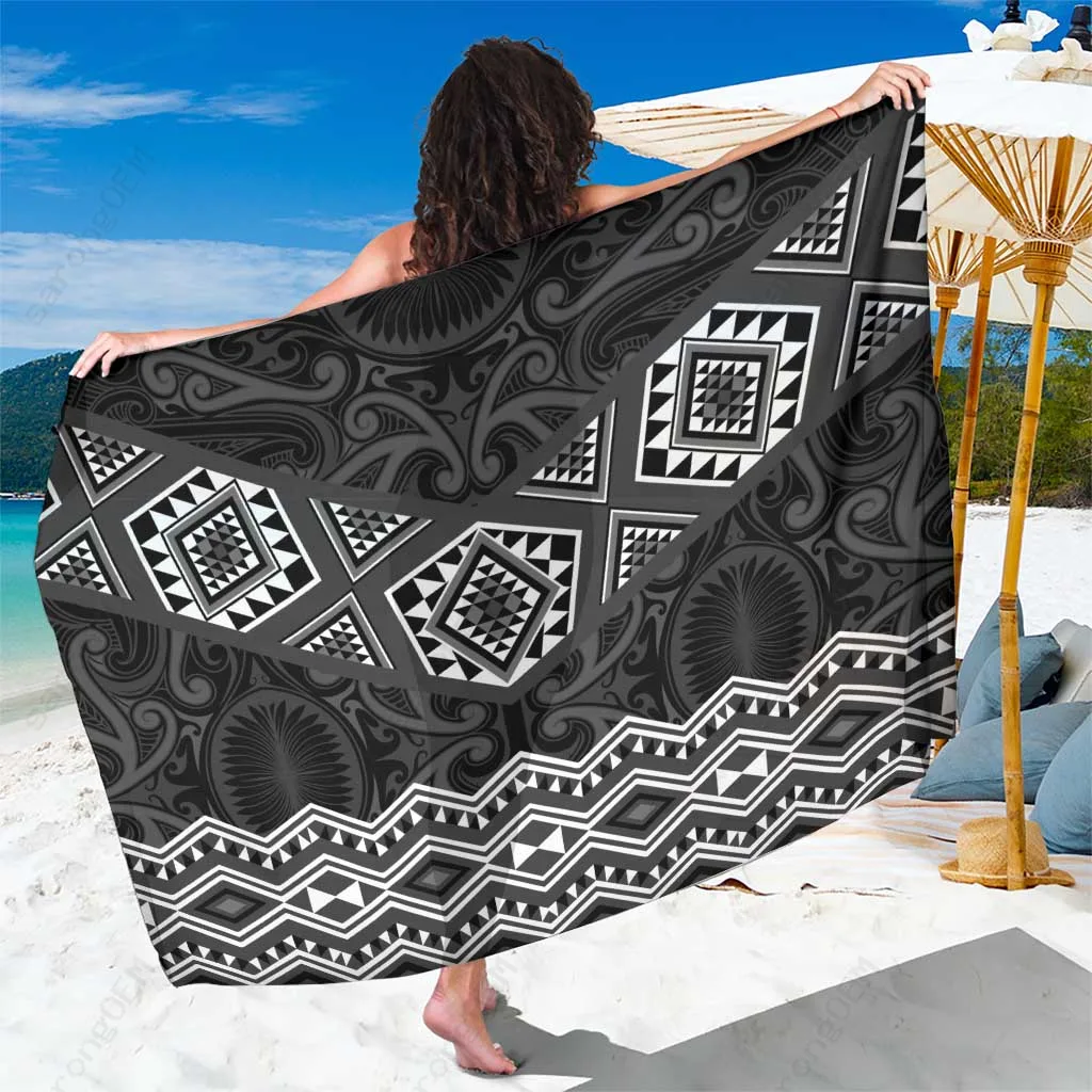 Black New Zealand Maori Taniko Art Pattern Sarong Beach Wrap Polynesian Island Resort Cover Up Wholesale Pareo - main view