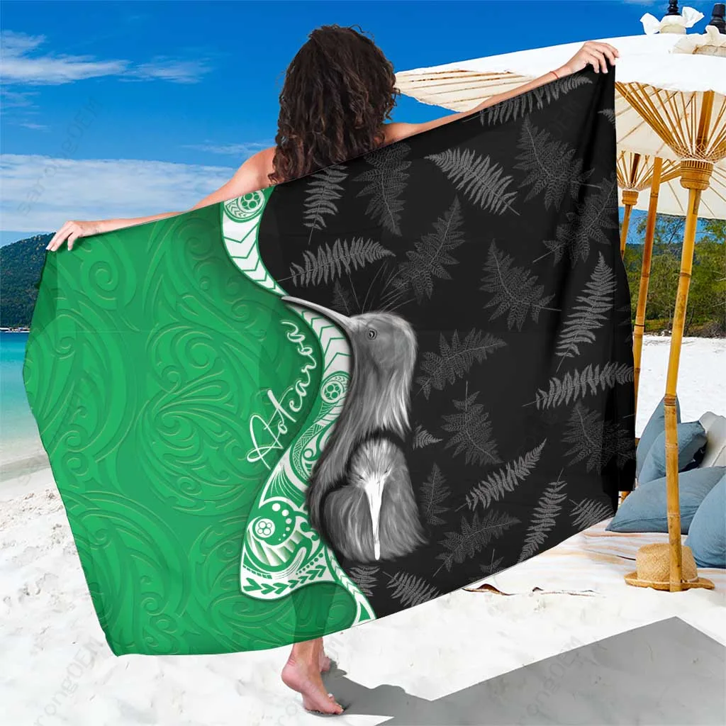 Green New Zealand Aotearoa Silver Fern Maori Pattern Sarong Beach Wrap Tropical Island Cover Up Wholesale Pareo - main view