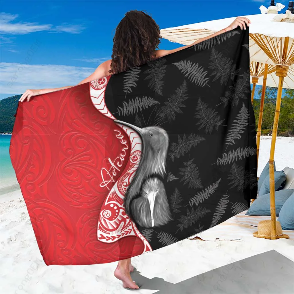 Red New Zealand Aotearoa Silver Fern Maori Pattern Sarong Beach Wrap Polynesian Island Cover Up Wholesale Pareo - main view