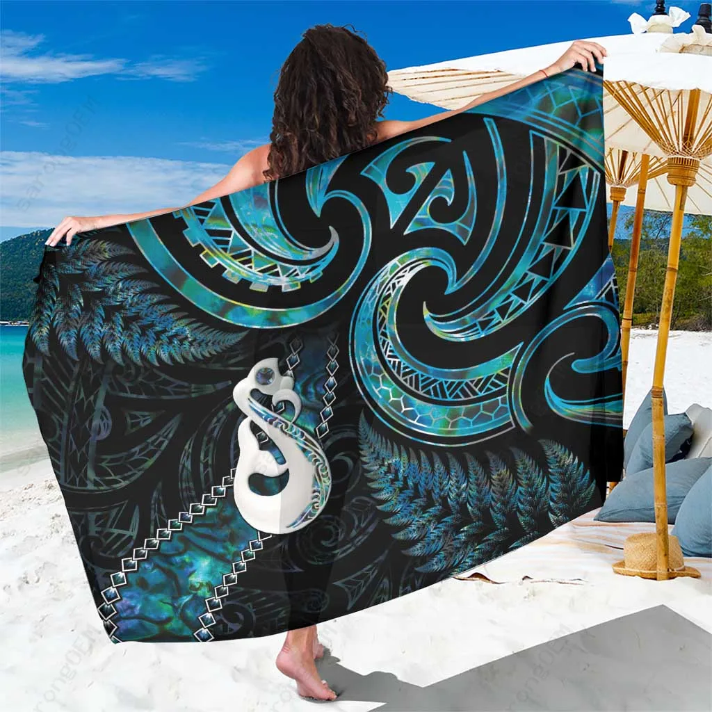 Turquoise Blue Glitter Paua Shell Manaia Maori Tribal Print Sarong Beach Wrap Polynesian Ocean Style Pareo Wholesale - main view