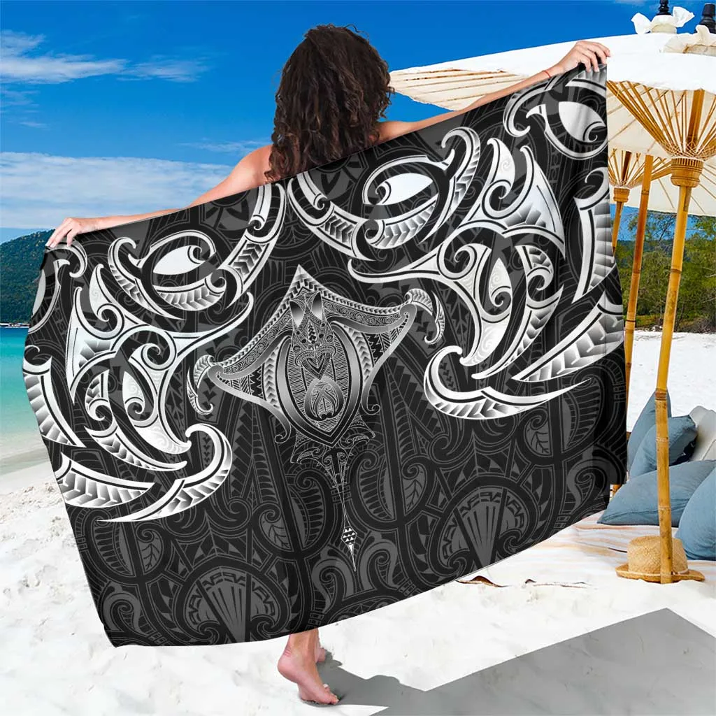 Black Maori Manta Ray Moko Print Sarong South Pacific Island Style Beach Wrap Wholesale Pareo - main view