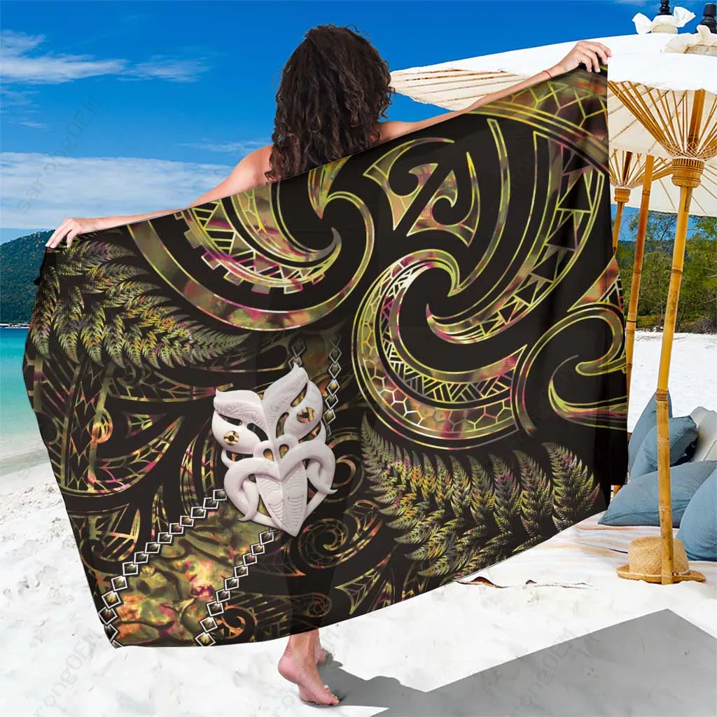 Gold Glitter Paua Shell Maori Wheku Print Sarong Beach Wrap Polynesian South Pacific Resort Beach Cover Up Wholesale Pareo - main view