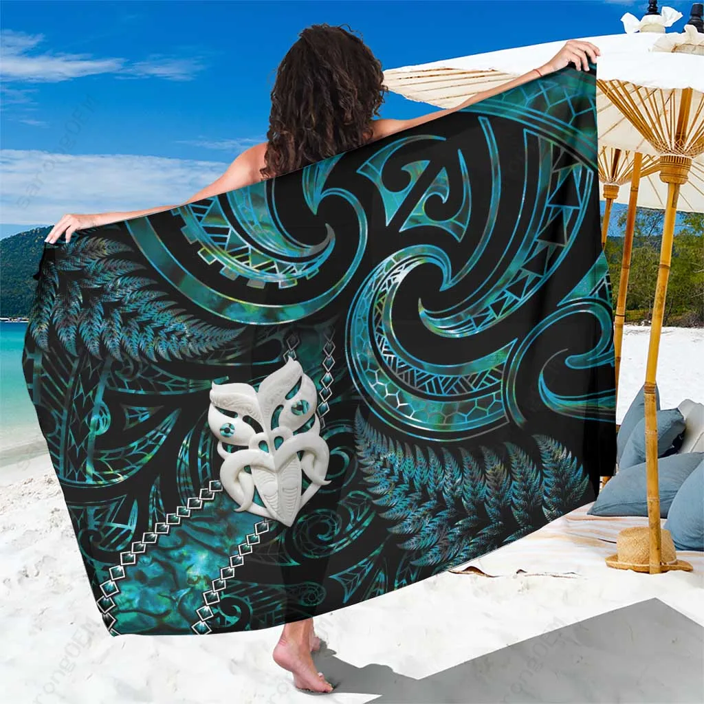 Turquoise Maori Wheku Paua Shell Glitter Tribal Print Sarong Beach Wrap Polynesian South Pacific Resort Cover Up Wholesale Pareo - main view