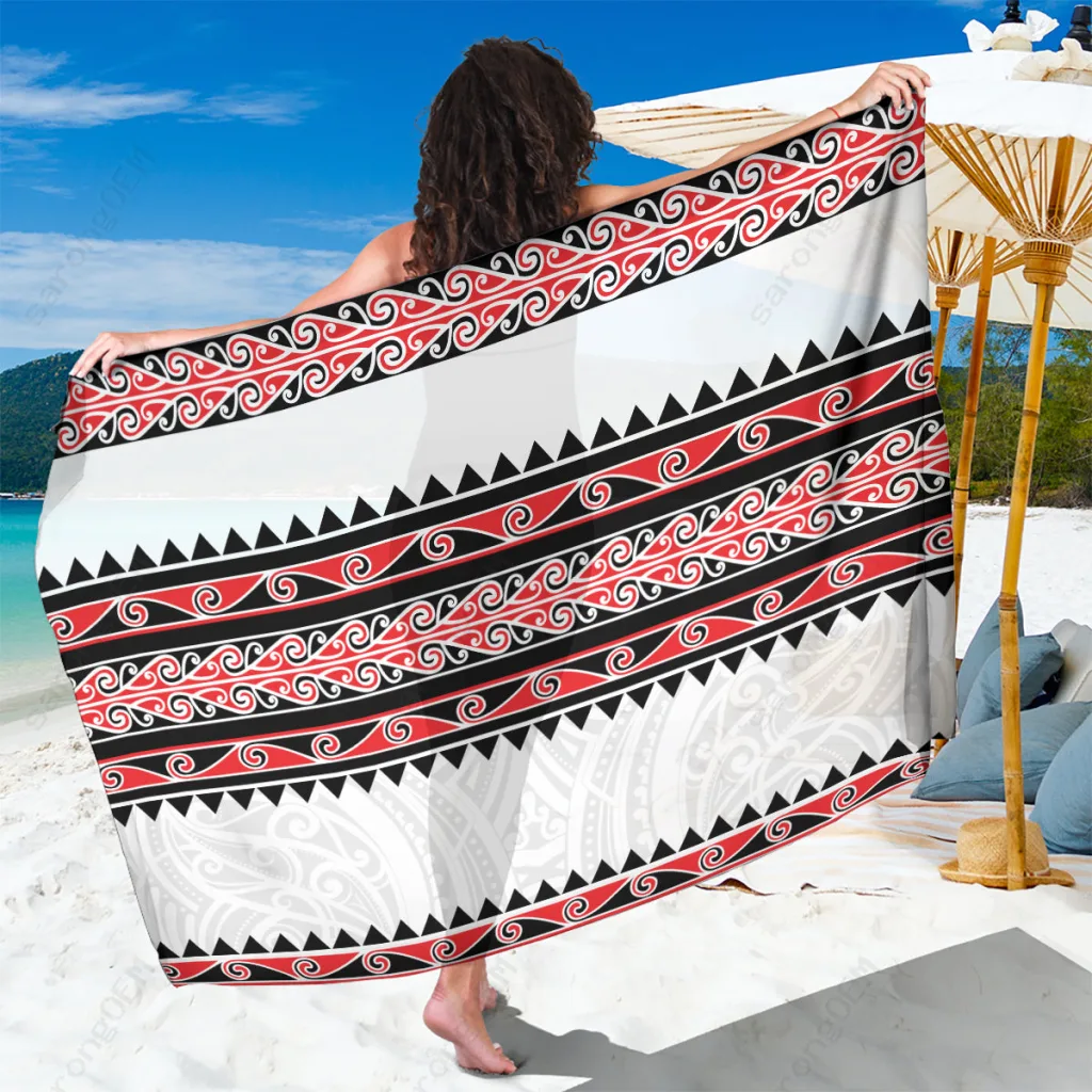 Red Kowhaiwhai Pattern Sarong Polynesian Beach Wrap Pareo Resort Cover Up Wholesale - main view