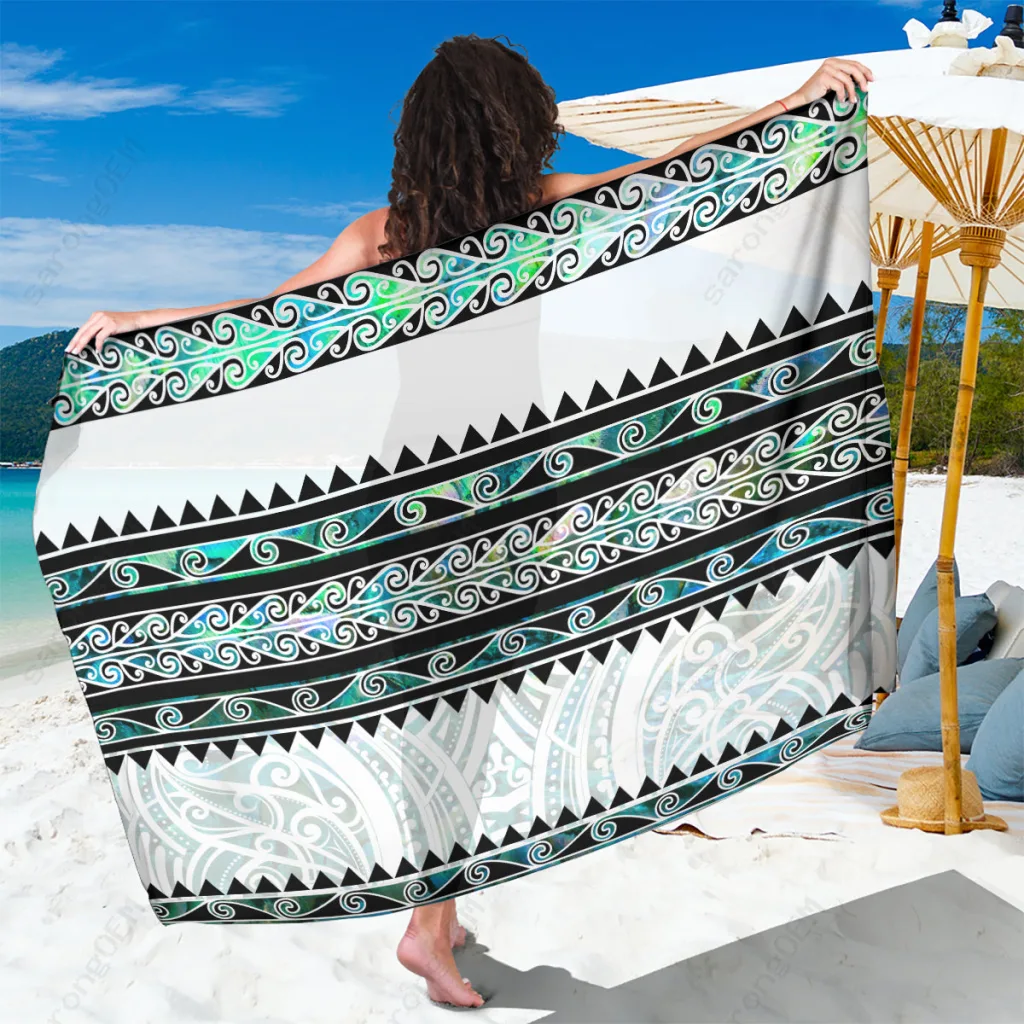 Paua Shell Pearl White Tribal Print Sarong Polynesian Beach Wrap Cover Up Resort Pareo Wholesale - main view