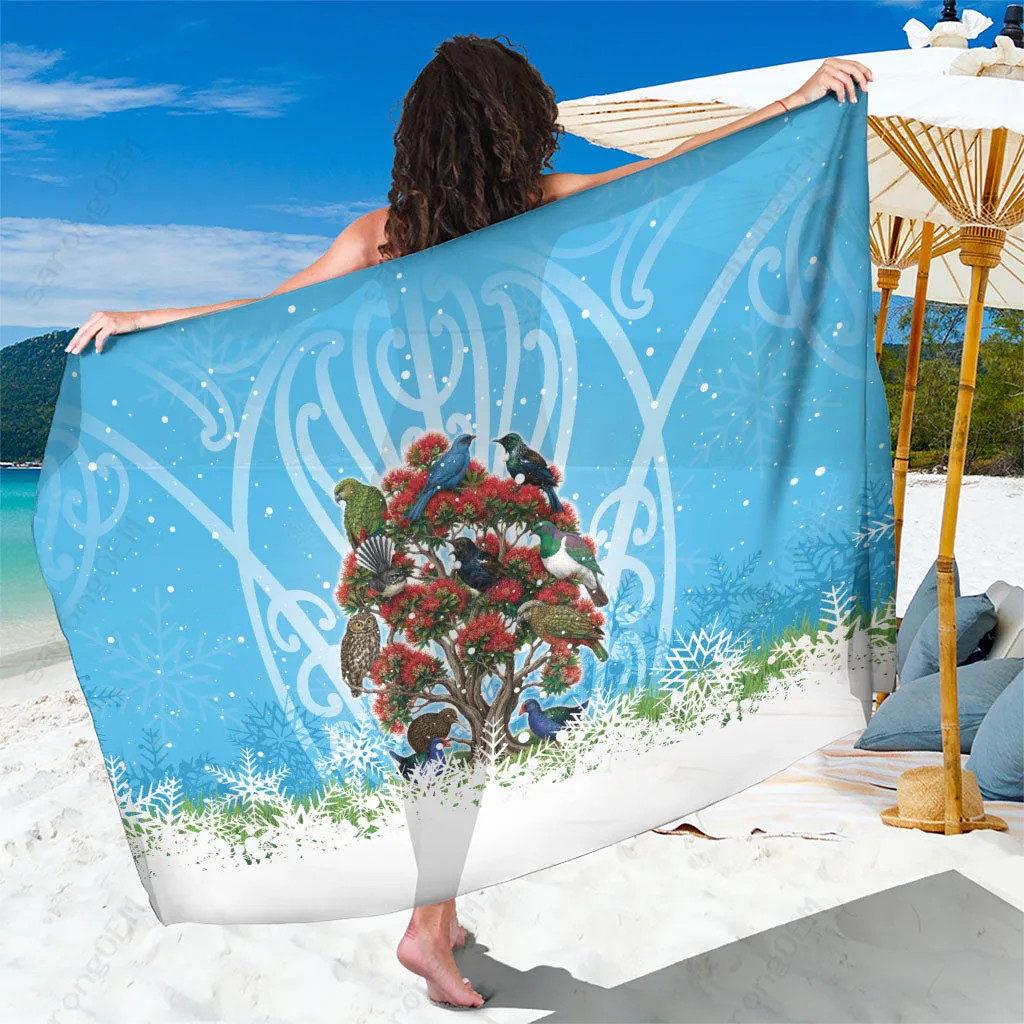 Red New Zealand Birds Pohutukawa Xmas Tree Print Sarong South Pacific Beach Wrap Wholesale Pareo - main view