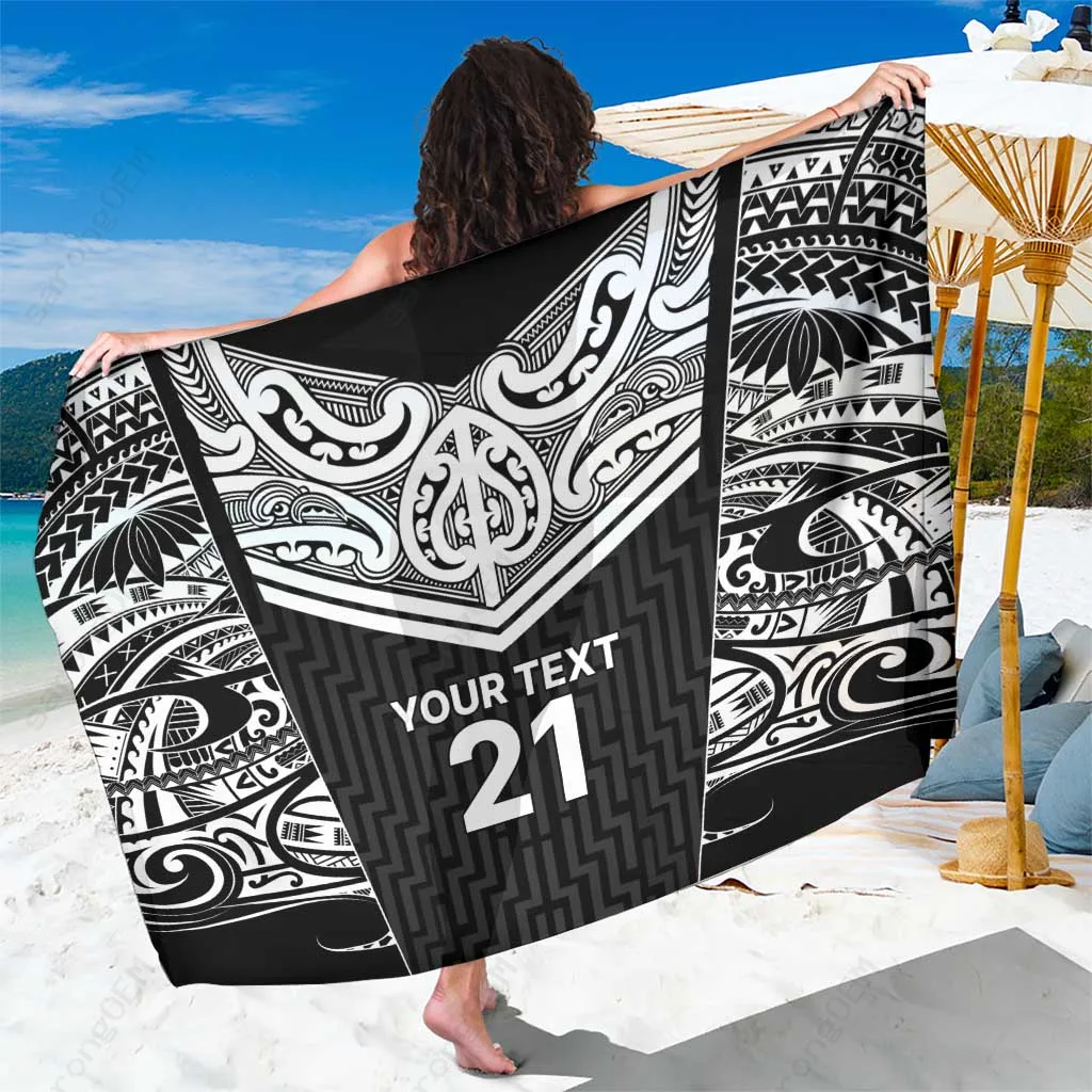 Black Maori Tukutuku Custom Sarong New Zealand Fern Motif Beach Wrap Polynesian Style Wholesale Pareo