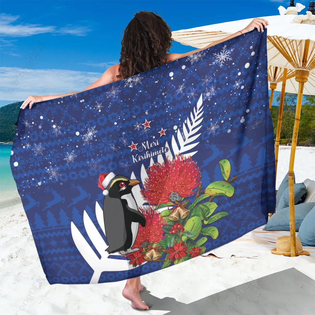 Red Green Christmas Penguin Pohutukawa Floral Print Sarong New Zealand South Pacific Beach Resort Cover Up Wholesale Pareo - main view