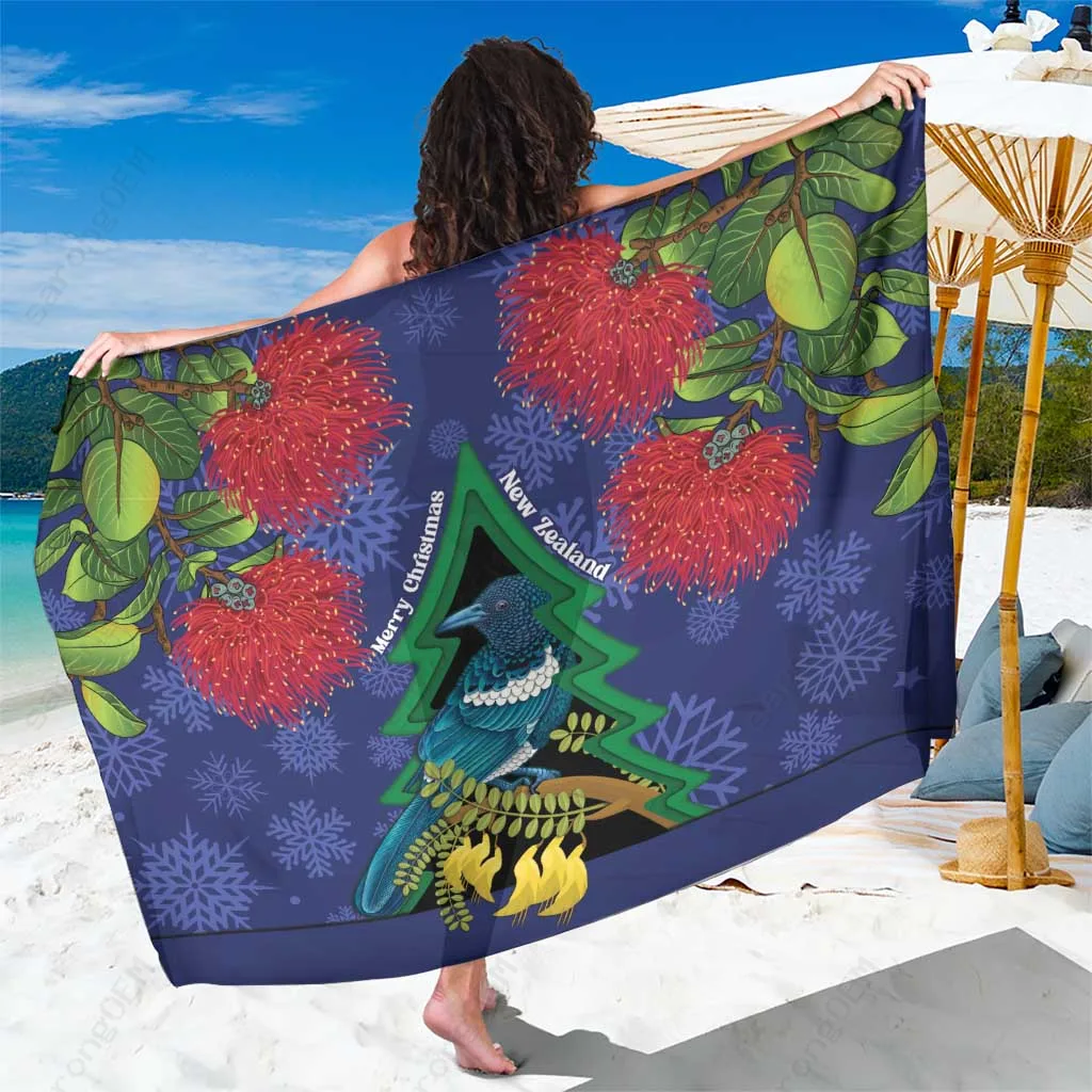 Blue New Zealand Christmas Tui Bird Kowhai Pohutukawa Floral Sarong Beach Wrap Polynesian Style Resort Cover Up Wholesale Pareo - related