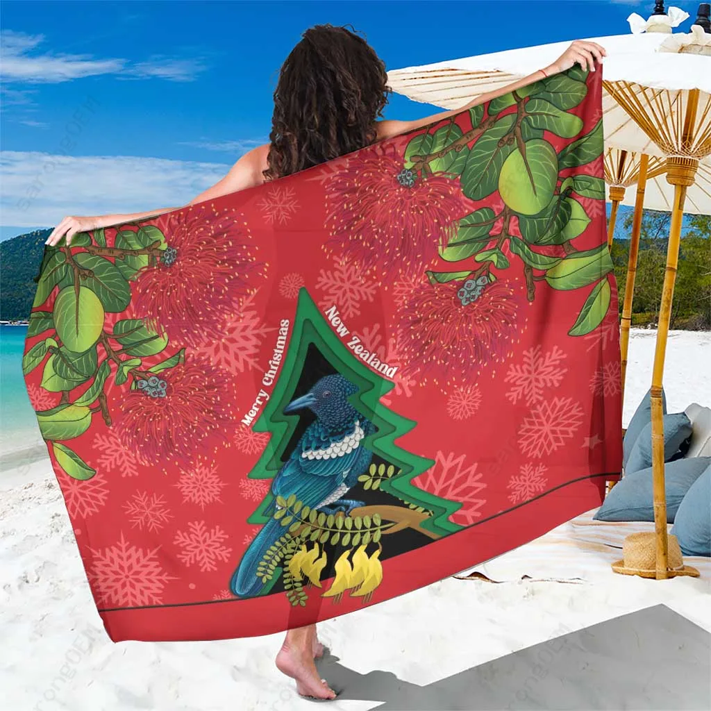 Red New Zealand Christmas Tui Bird Pohutukawa Floral Print Sarong Beach Wrap Pareo Wholesale - main view