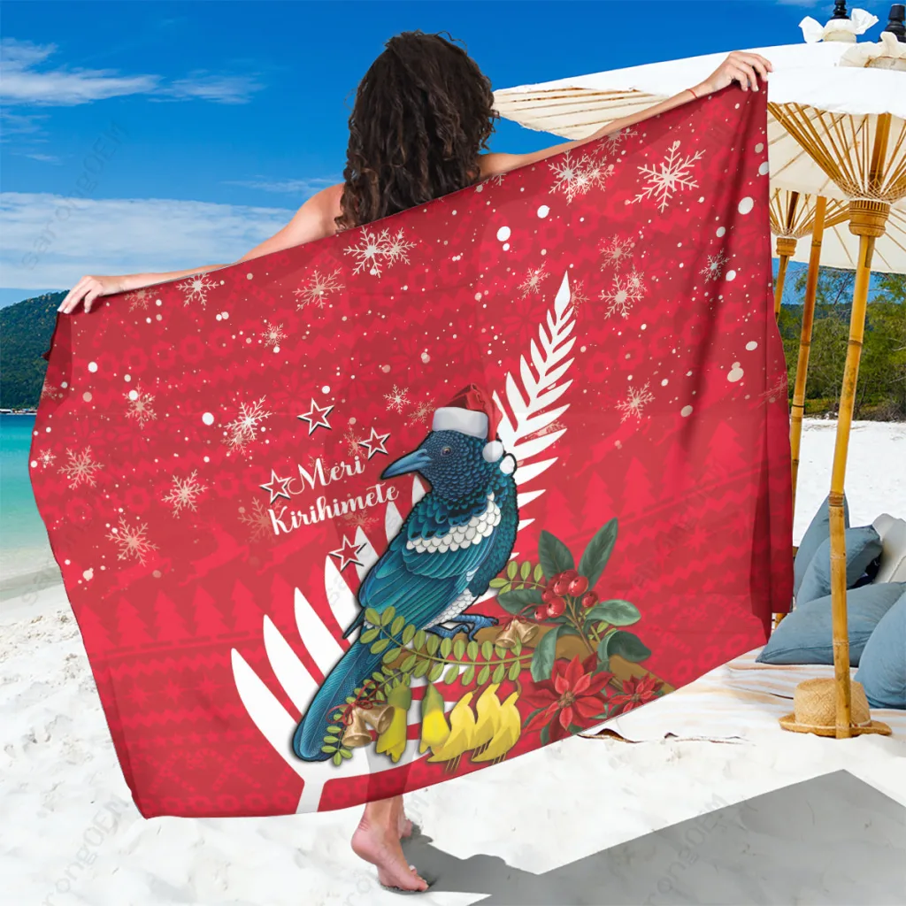 Red Green New Zealand Tui Bird Kowhai Floral Print Sarong Beach Wrap Polynesian Island Holiday Cover Up Wholesale Pareo - main view
