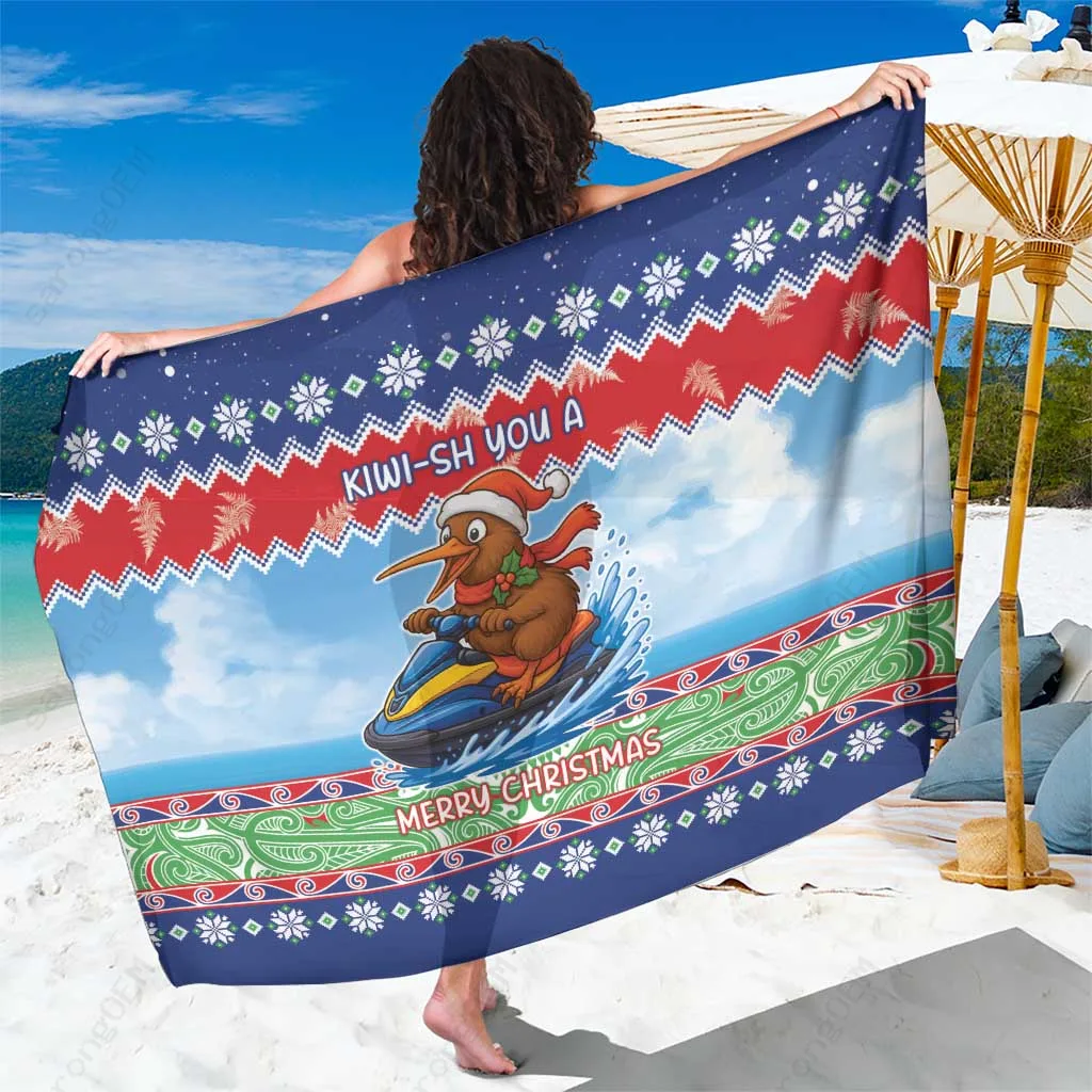 Red Christmas Kiwi Jet Ride Funny Santa Print Sarong Beach Wrap South Pacific Holiday Pareo Wholesale - main view
