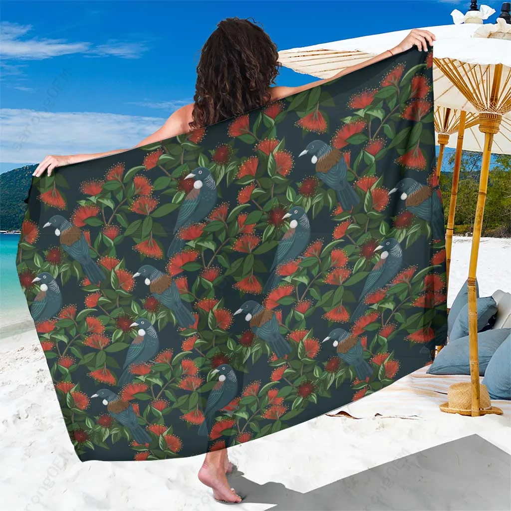Cobalt Blue New Zealand Christmas Tui Birds Pohutukawa Print Sarong Tropical Beach Wrap Pareo Wholesale - main view