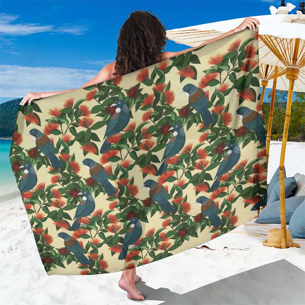 Ivory New Zealand Christmas Tui Birds on Pohutukawa Floral Print Sarong Romantic Beach Wrap Wholesale Pareo - main view