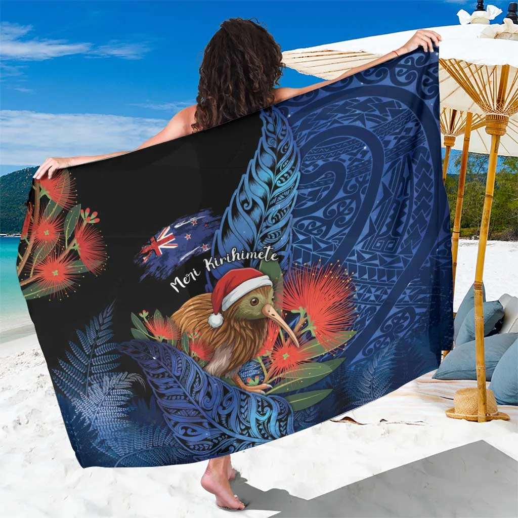 White Christmas Sarong with Kiwi Bird and Pohutukawa Flowers Print, New Zealand Holiday Beach Wrap Wholesale Pareo - main view