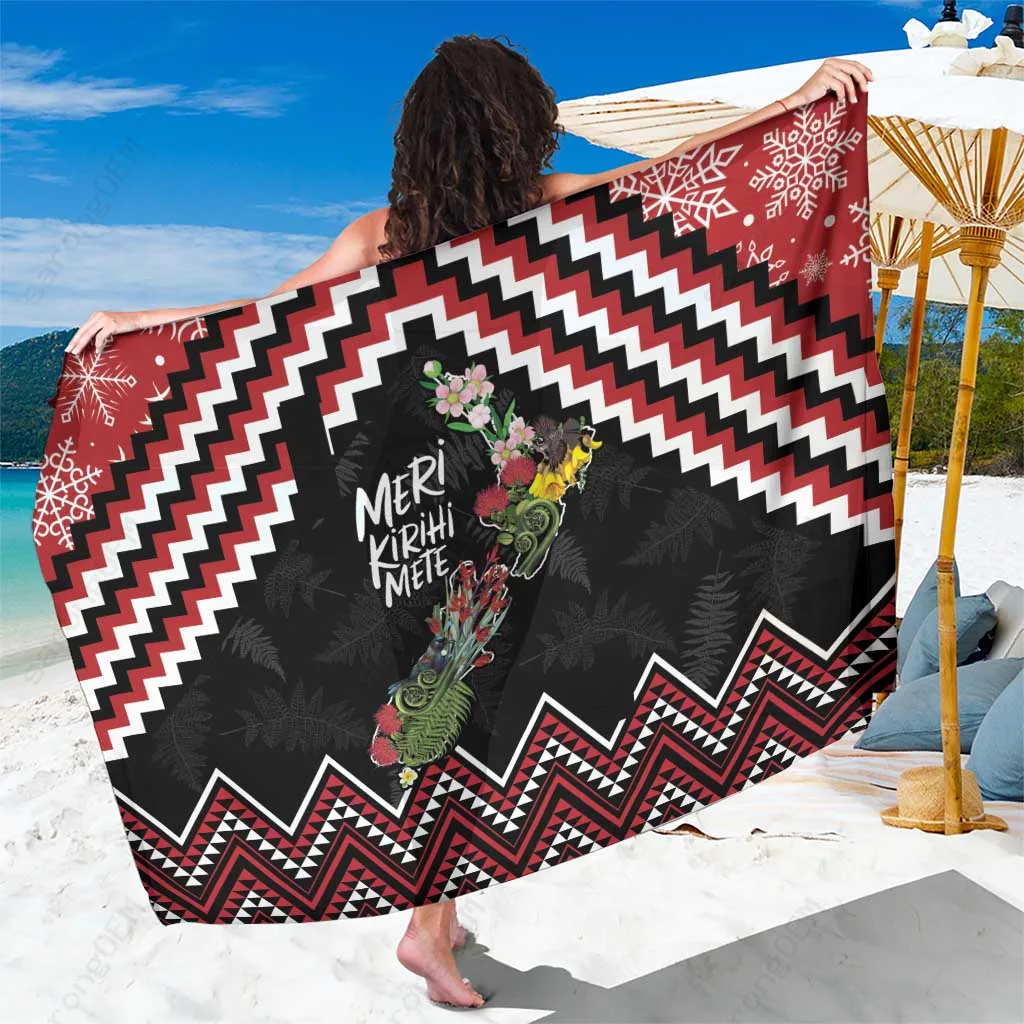 White New Zealand Christmas Taniko Poutama Bird Floral Print Sarong South Pacific Beach Wrap Resort Cover Up Wholesale Pareo - main view