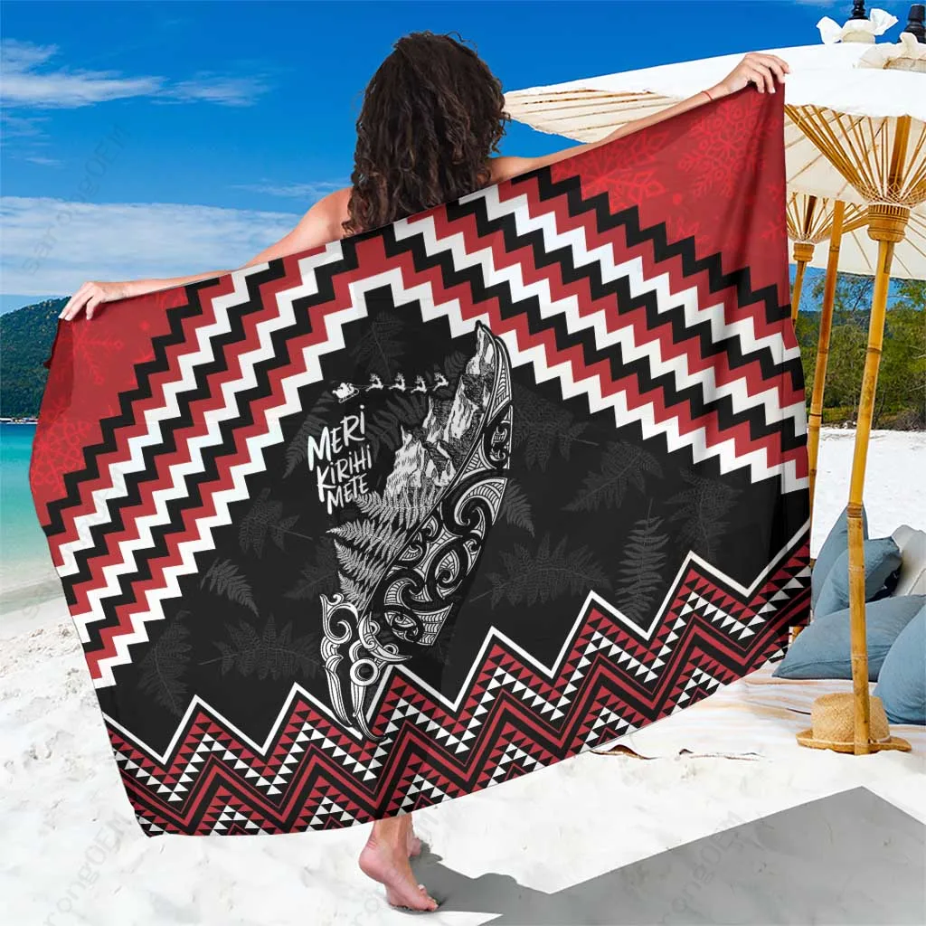 Red Green Maori Taniko Poutama Mountainscape Fern Print Sarong South Pacific Island Beach Wrap Wholesale Pareo - main view
