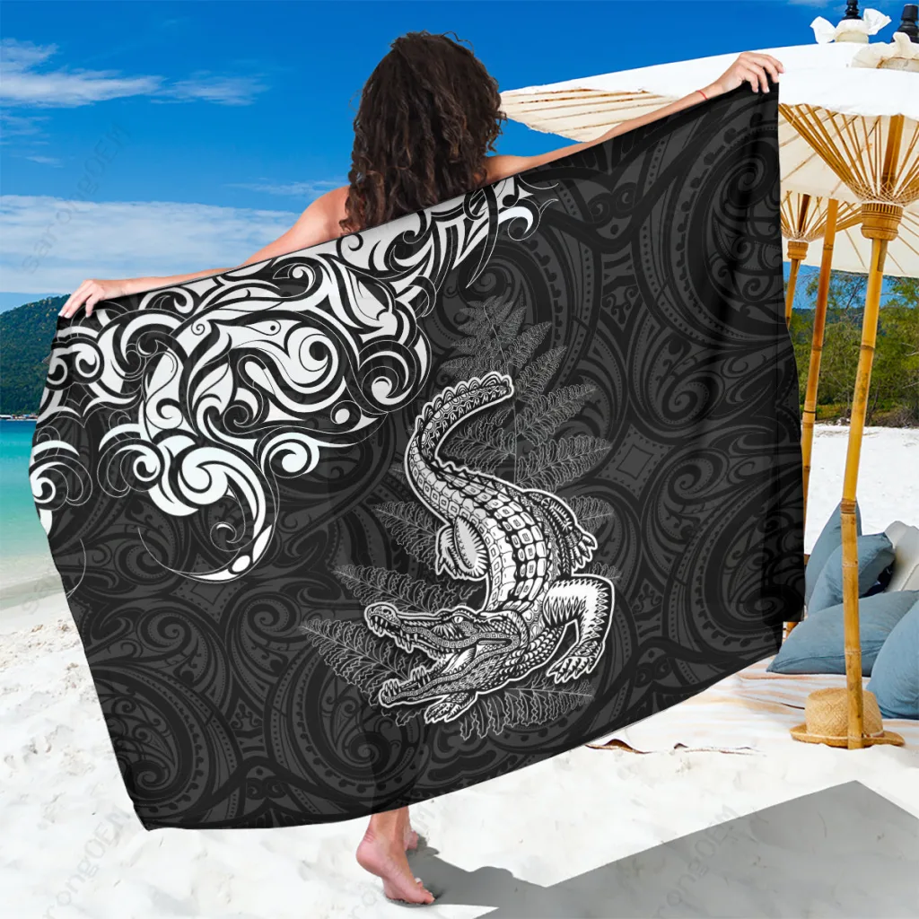 White Crocodile Tattoo & Fern Maori Pattern Print Sarong New Zealand Tribal Beach Wrap Wholesale Pareo - main view