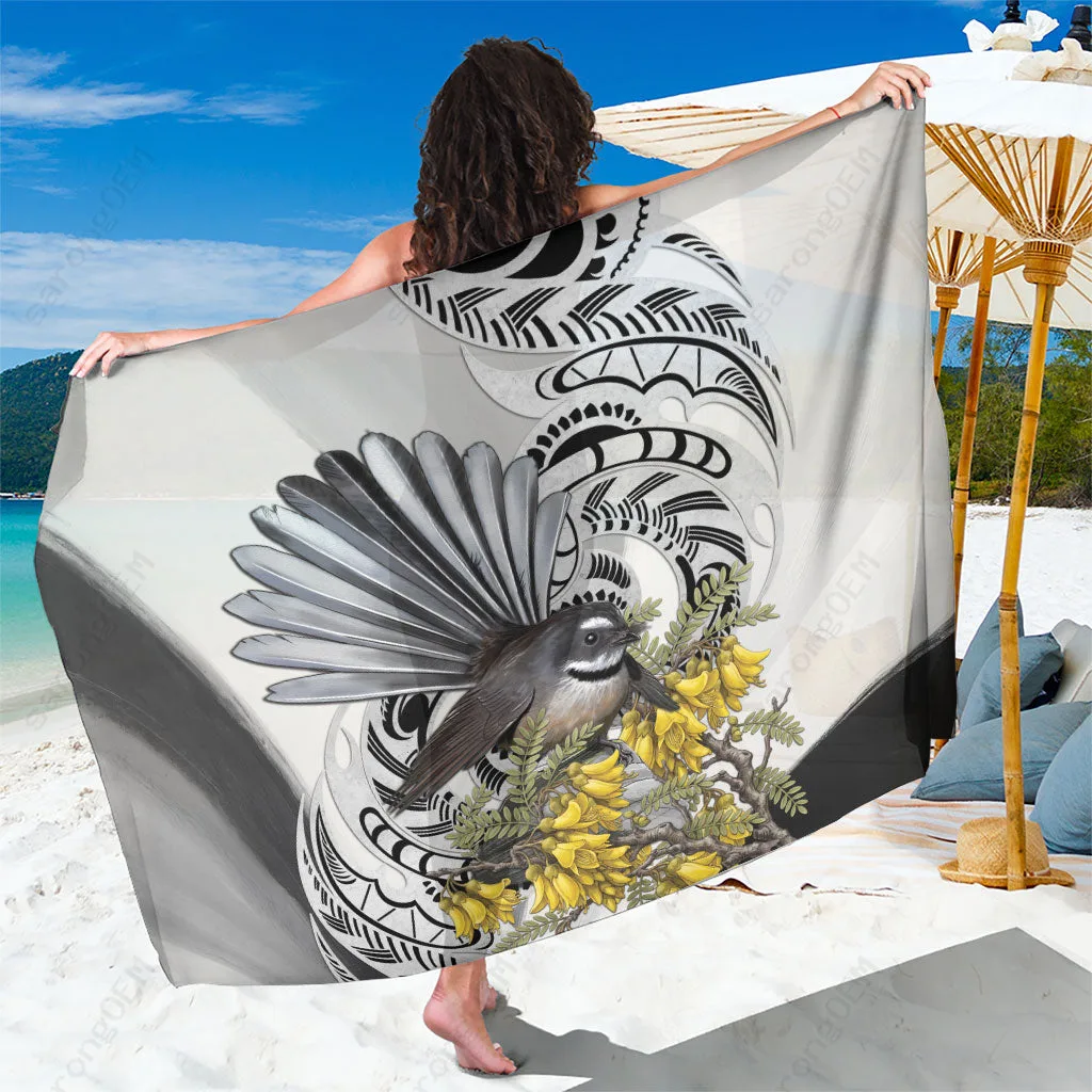 White New Zealand Fantail Bird Maori Piwakawaka Kowhai Fern Tribal Print Sarong Beach Wrap Wholesale Pareo - main view