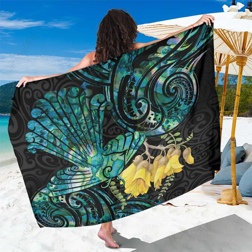 White Shell Bird Sarong Maori Piwakawaka Kowhai Paua Pattern Beach Wrap Polynesian Style Wholesale Pareo - main view