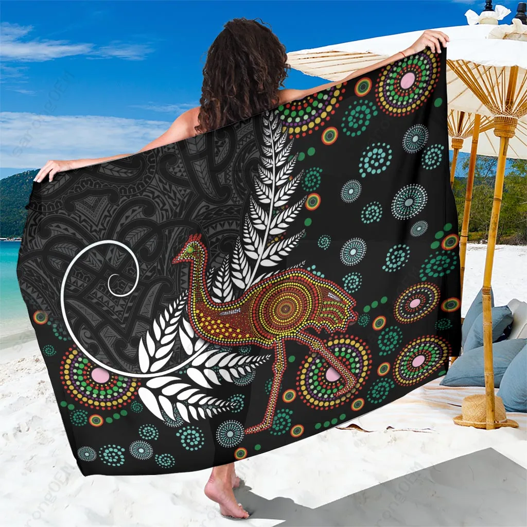 New Zealand Fern Australia Emu Maori Pattern Sarong Tribal Beach Wrap Polynesian Resort Cover Up Wholesale Pareo
