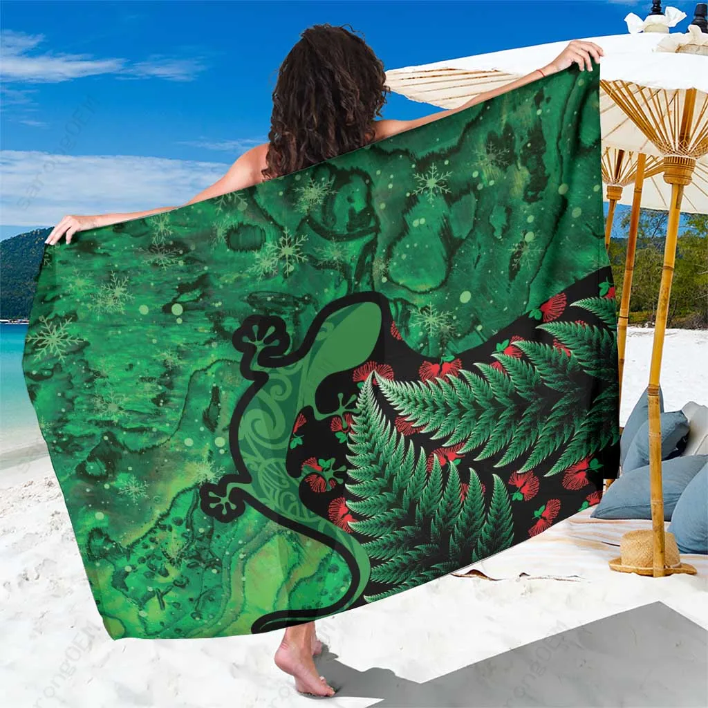 Red Christmas Shell Gecko Hibiscus Print Sarong Polynesian Beach Wrap Wholesale Pareo - main view
