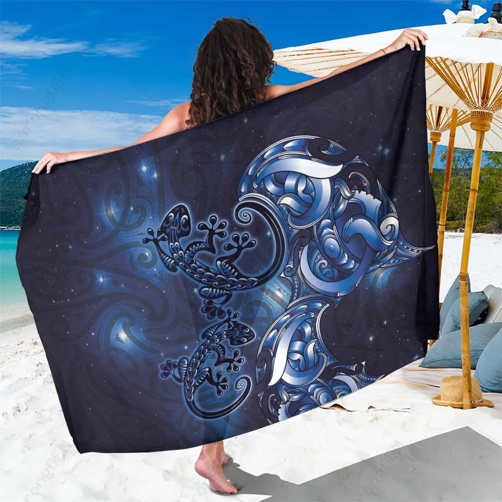 Black New Zealand Gecko Maori Art Tattoo Sarong Matariki Mode South Pacific Island Beach Wrap Wholesale Pareo - related